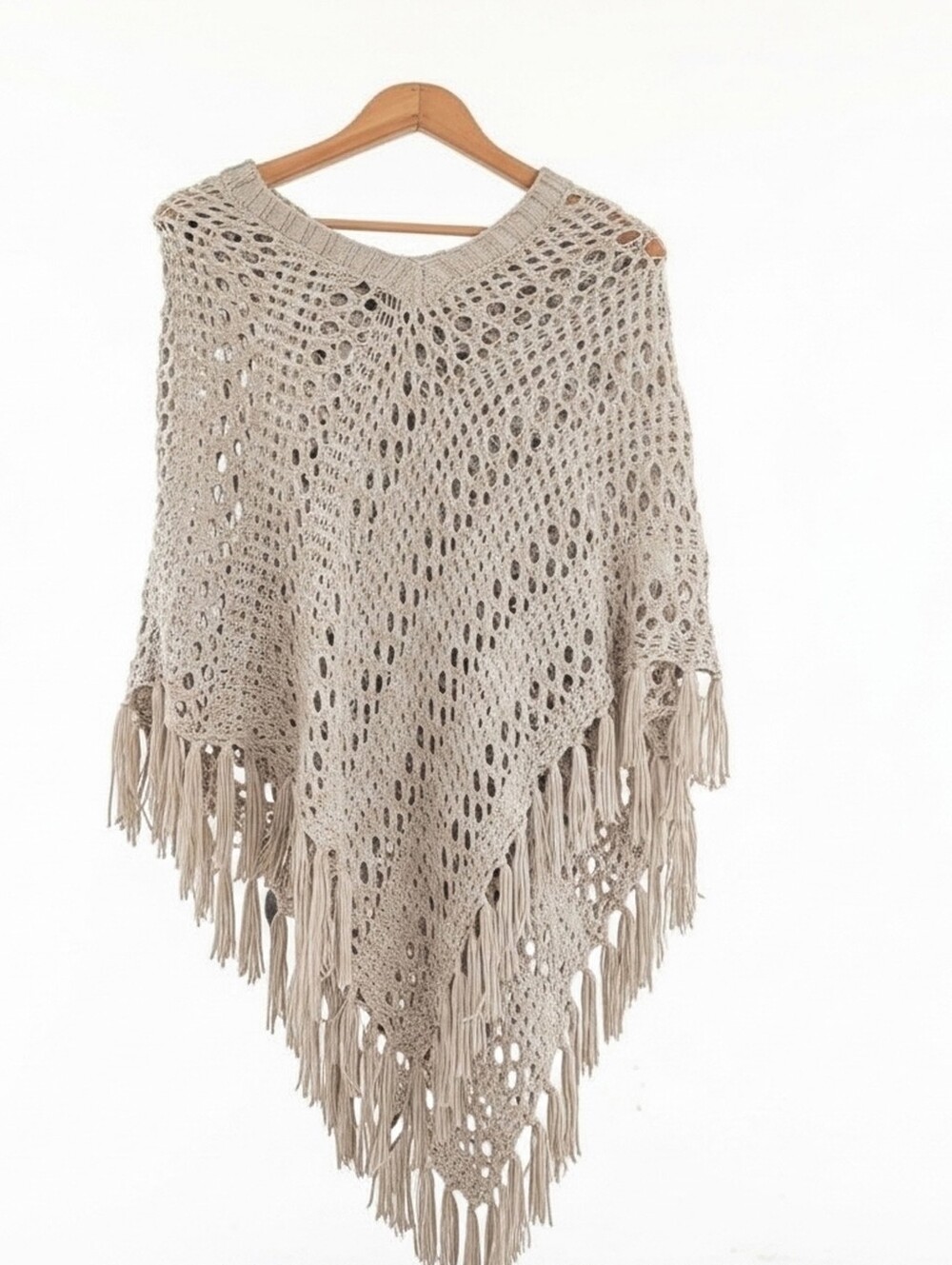 Beige Crochet Fringe Poncho Sweater - Women's Lightweight Layer